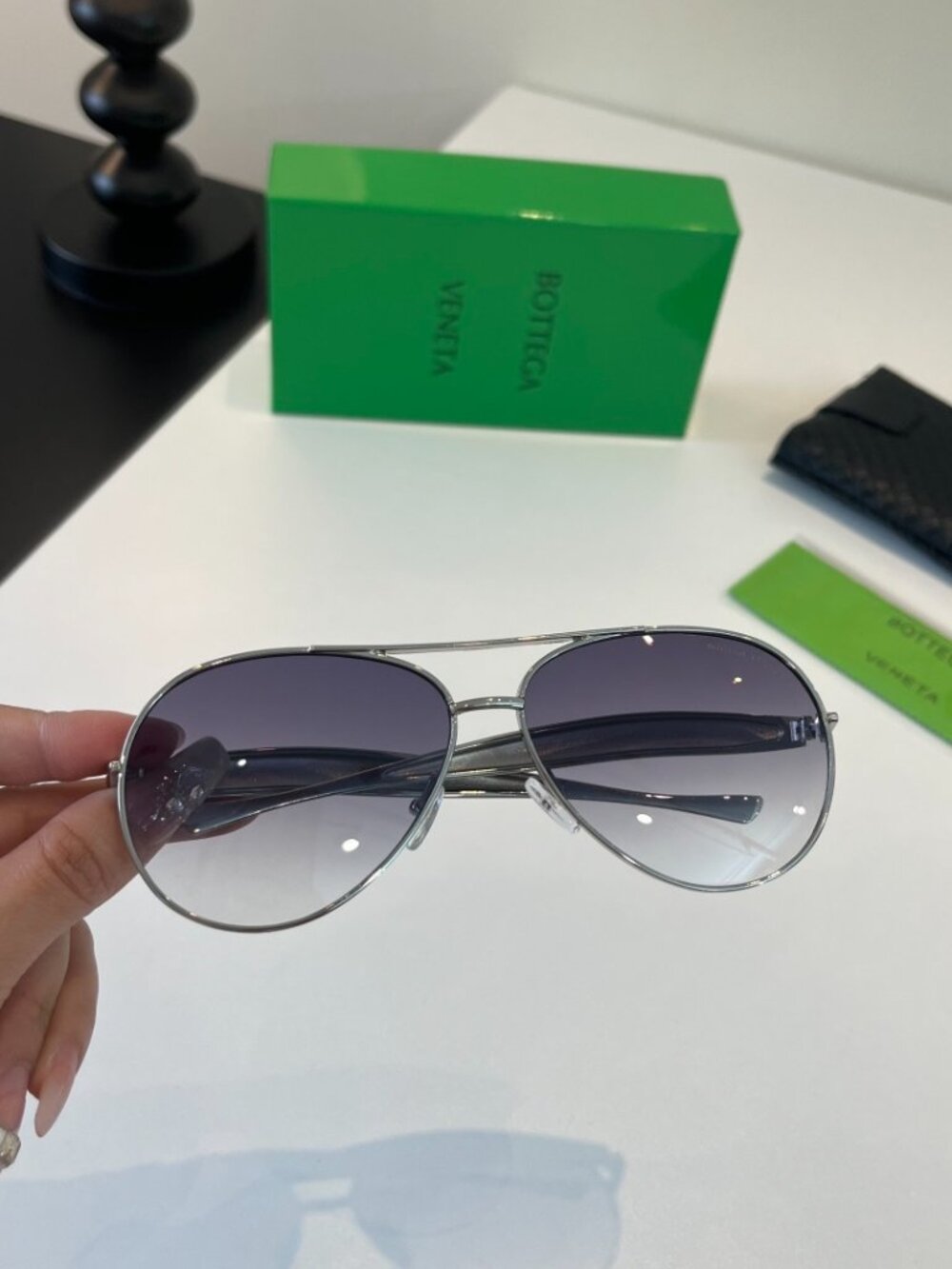 Bottega Veneta Silver Aviator Sunglasses, Gradient Gray UV Protection Shades - Picture 4 of 9